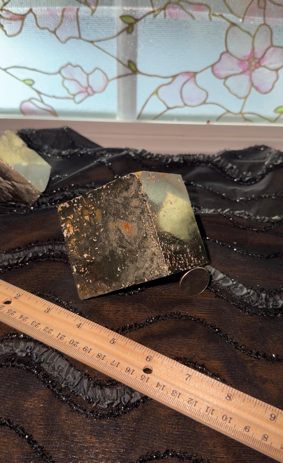 Bronze pyrite cube displayed next to ruler for size reference. With a quarter leaned against it.