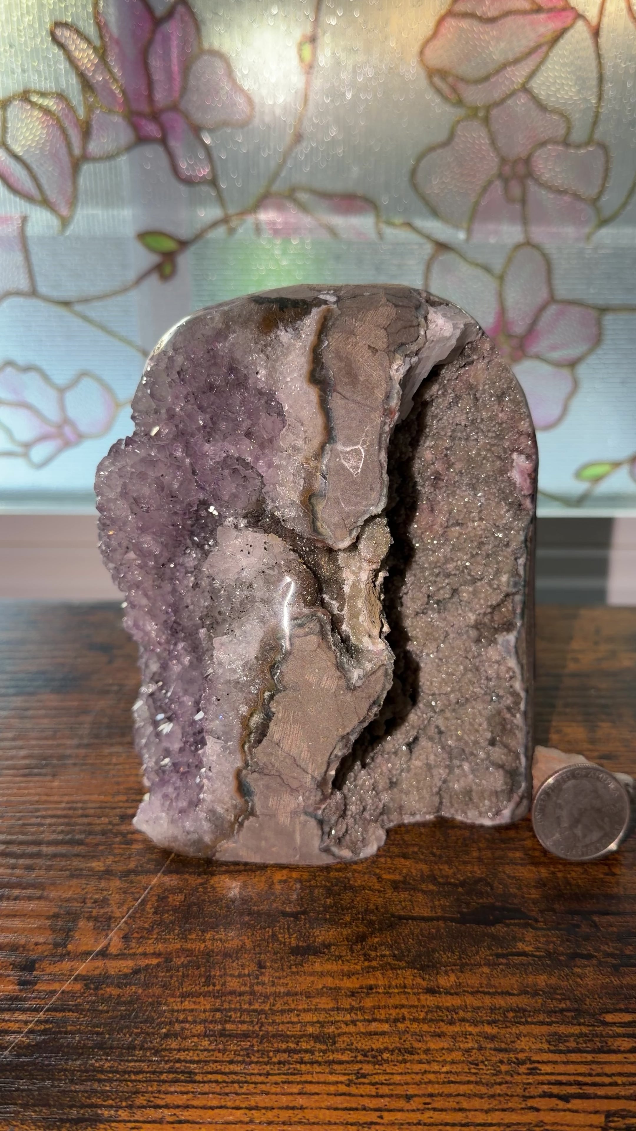 Large dual-cavern purple amethyst & green druzy quartz. Sugary brown & white passage. 
5” x 5” x 3.5”