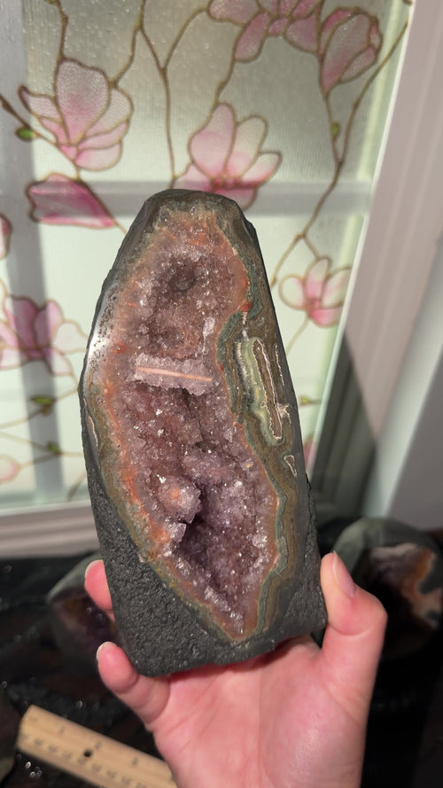 close-up of the crystal point structure and milticolored quartz and agate.