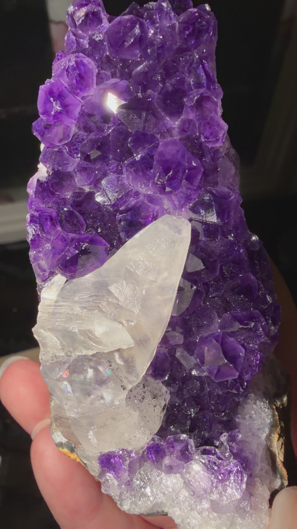 Dogtooth Calcite on Gemmy Purple Amethyst Cluster | Uruguay