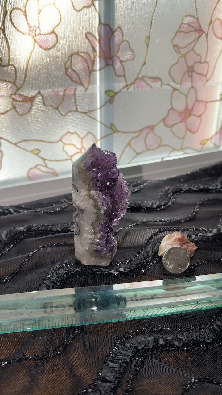 Purple Amethyst half polished half purple point cluster  Tower with Moss Agate Banding. From Brazil. 4.5 inch tall. 
