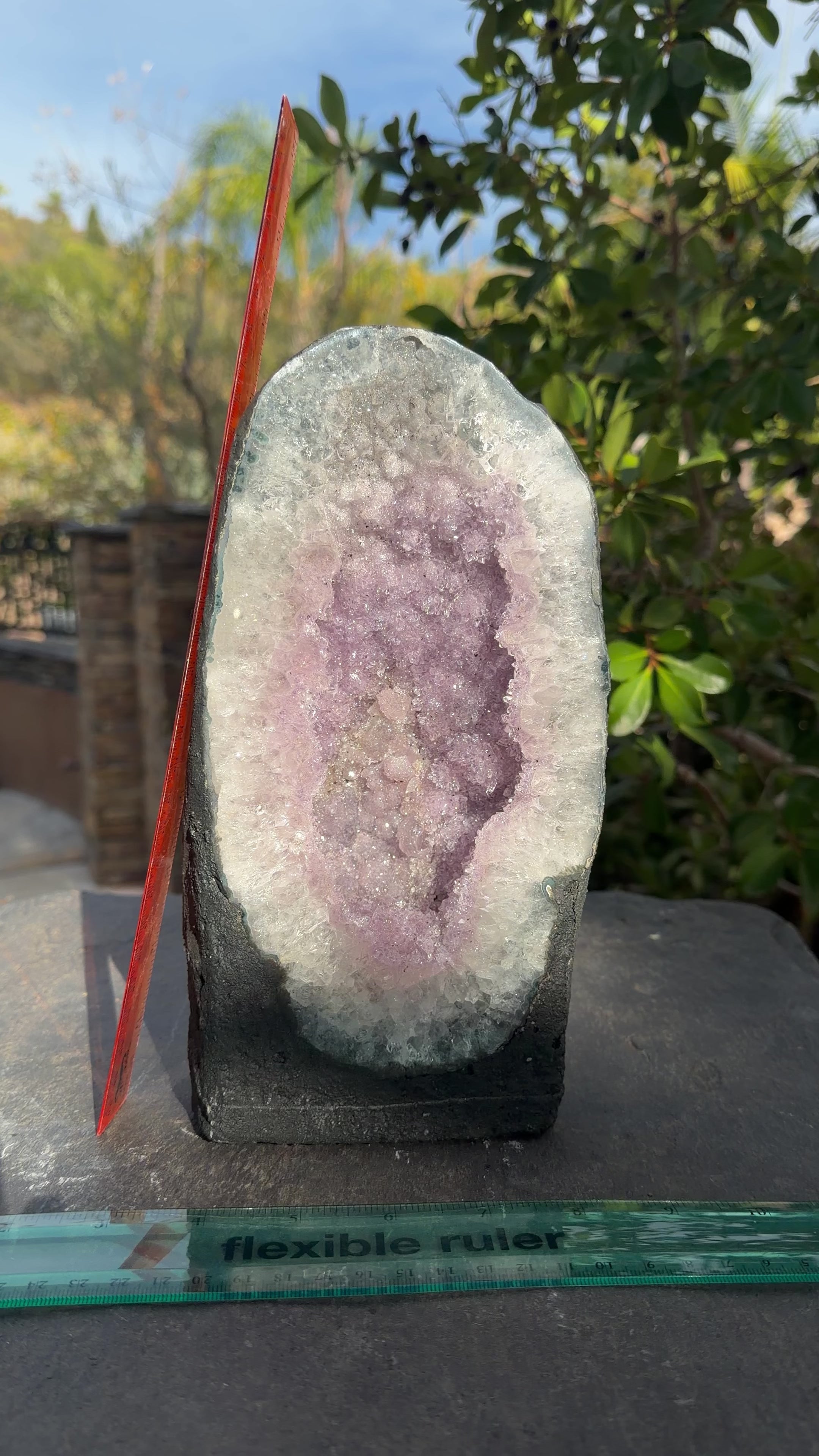 9.75 inch tall pink point quartz cathedral. Rulers in frame for size reference. 