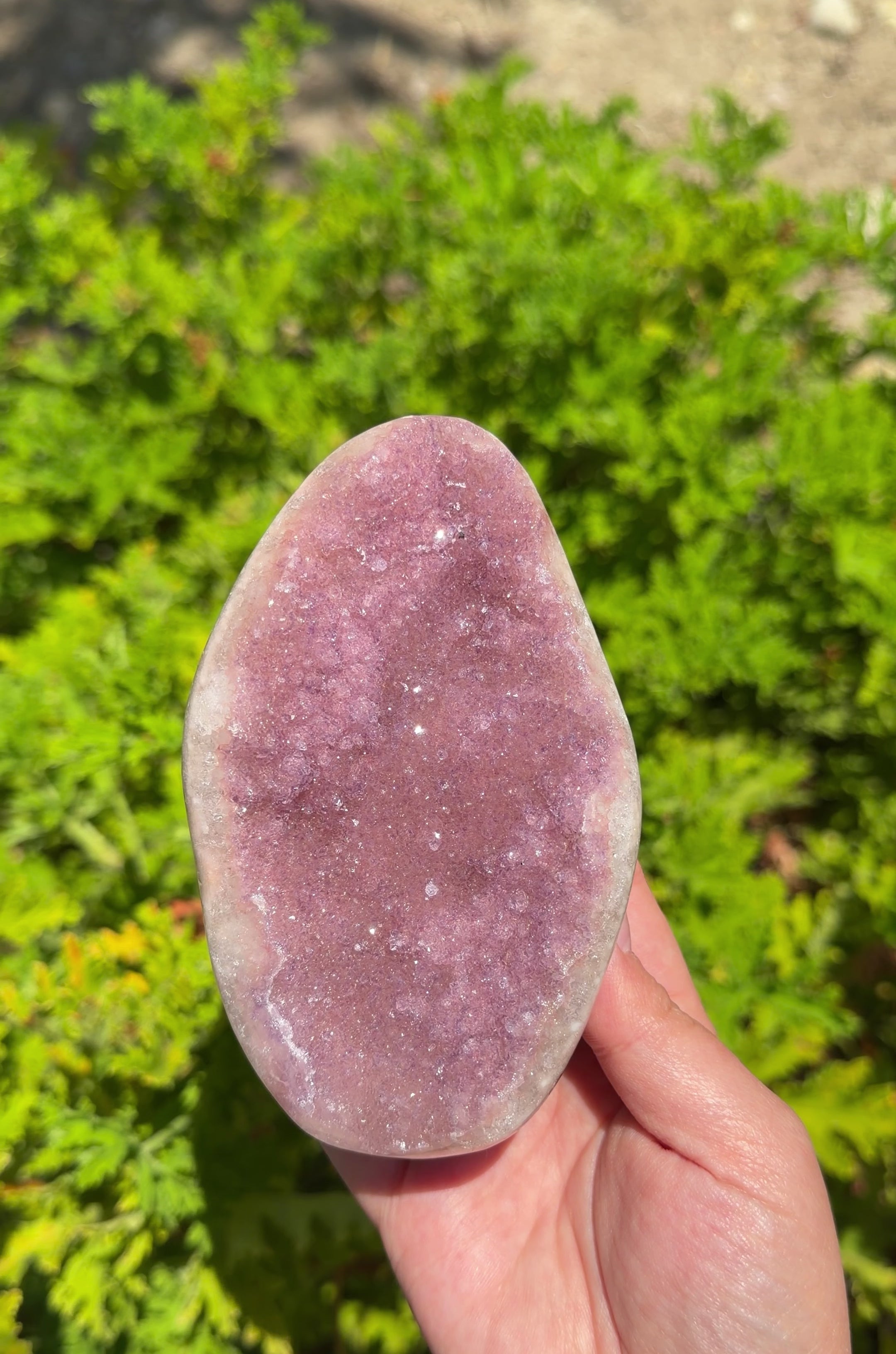 Dreamy pink quartz coated Uruguayan amethyst polished Freeform. Flat egg shaped. 