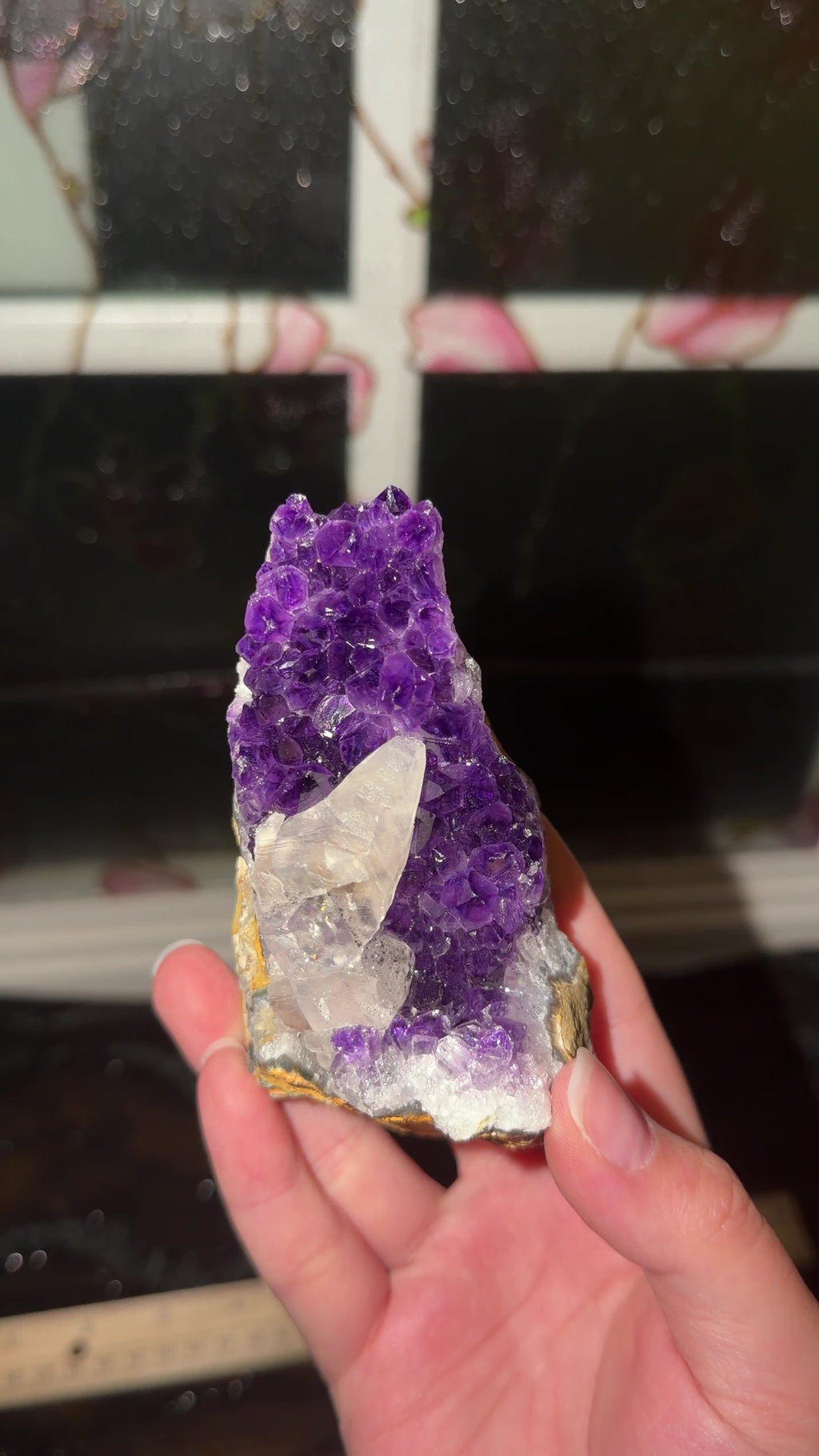 Dogtooth Calcite on Gemmy Purple Amethyst Cluster | Uruguay