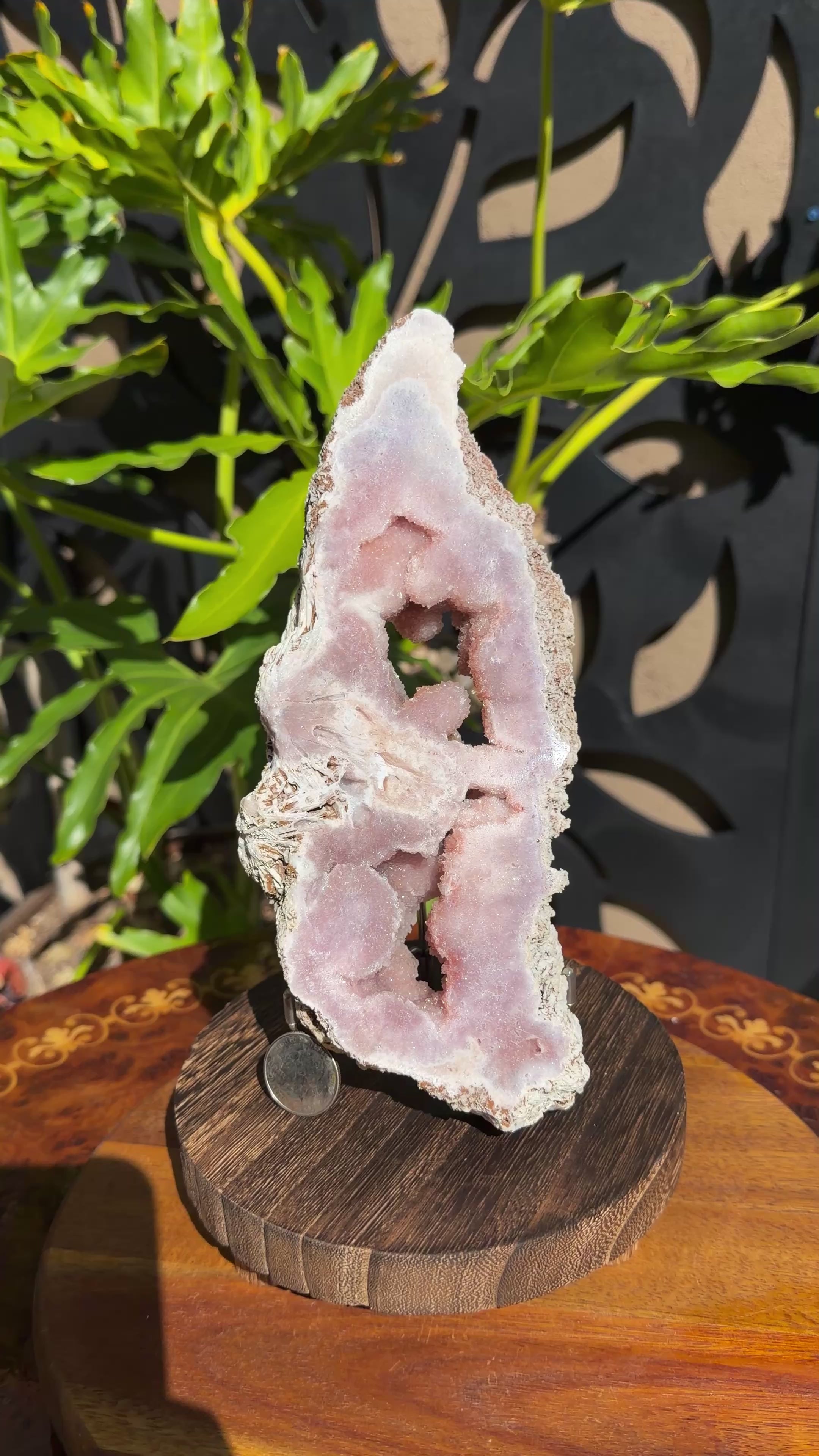 Brazilian pink amethyst portal with soft pink outer banding and red botryoidal center. Portal stands upright on a wood/metal stand. 