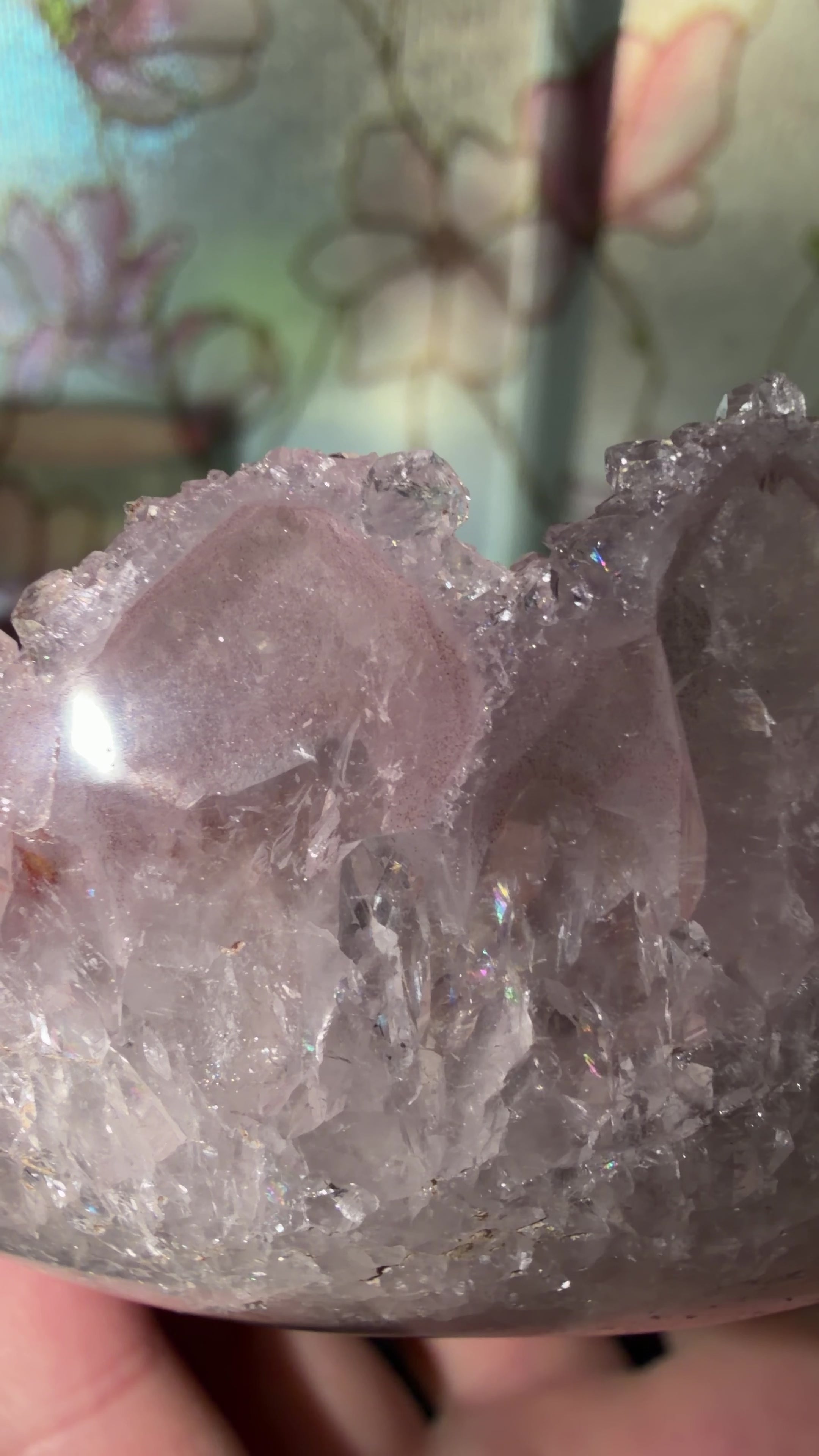Close up highlighting the pink phantom points and  quartz overgrowth. 