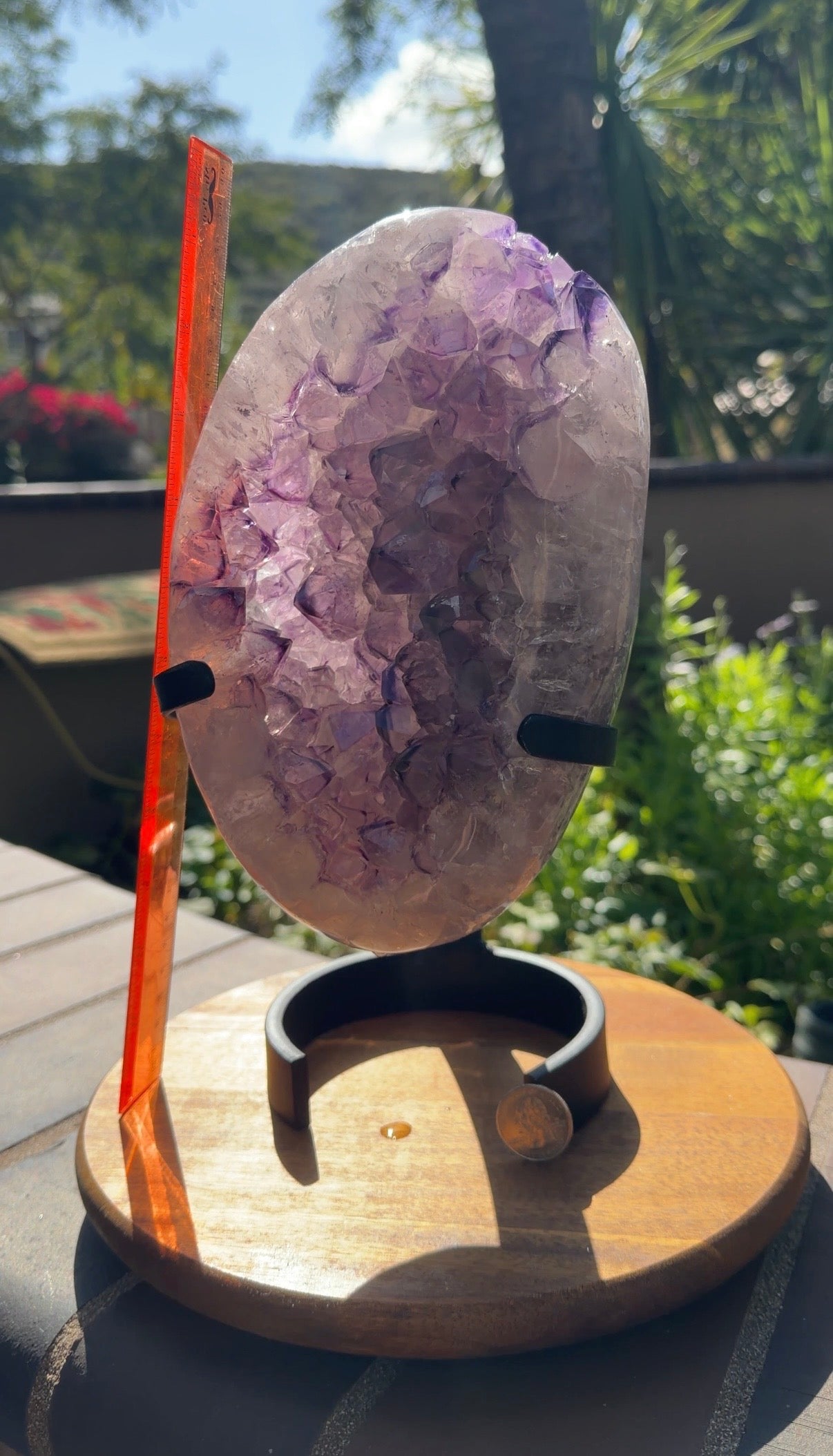 An oval purple amethyst polished geode mounted on a black stand backlit with  sunlight to show transparency and highlight the vibrant purple points.