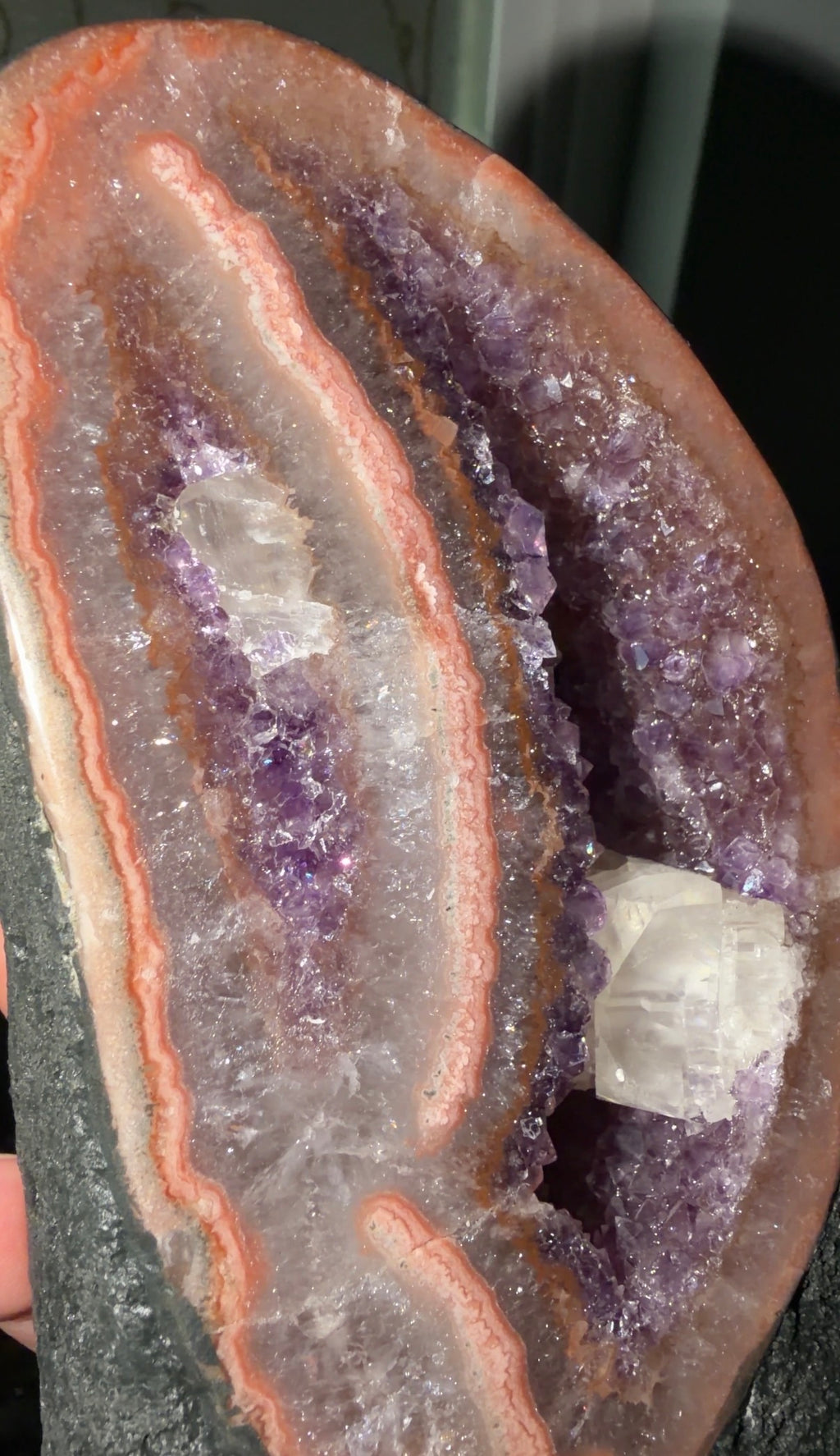 A sliced geode specimen showing layered purple amethyst cavities, pinkish-orange outer bands, and clear/white calcite growths.